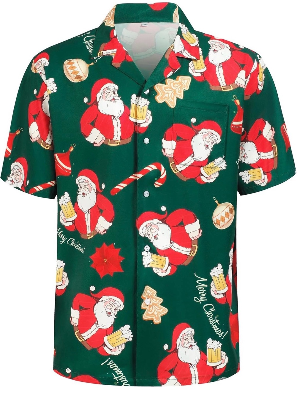 Green Santa Print Holiday Camp Shirt